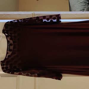 Nina Leonard- Polka Dot Illusion 3/4 Sleeve Swing Dress, size med. Maroon color.